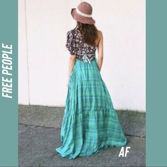 FREE PEOPLE TATTERSALL GREEN SEA BLUE SILK MAXI DRESS NWT NEW MEDIUM - Picture 5 of 14